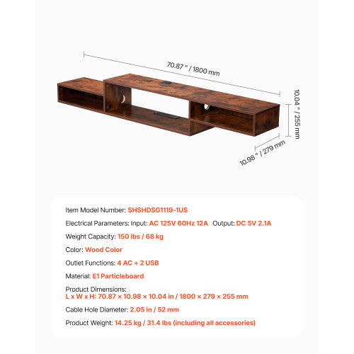 Floating 70 inch Wall Mounted TV Stand with Power Outlets and Storage