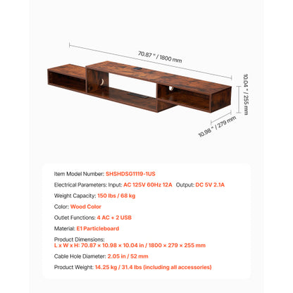 Floating 70 inch Wall Mounted TV Stand with Power Outlets and Storage