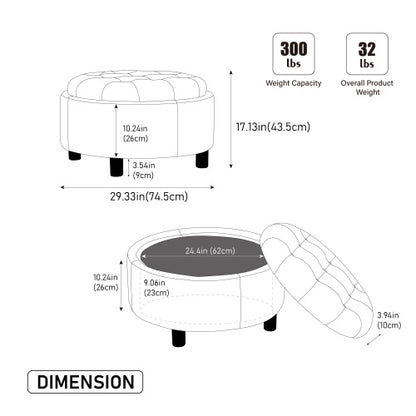 29.33 inch Beige Fleece Round Storage Ottoman, Hand Buckle Decor Reversible Lid Footstool, 300 LBS