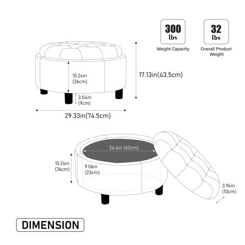 29.33 inch Blue Fleece Round Storage Ottoman, Hand Buckle Decor Reversible Lid Footstool, 300 LBS