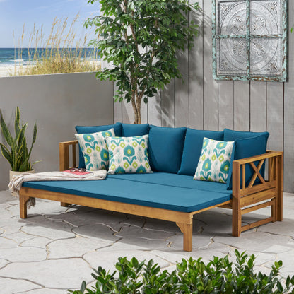 Outdoor Extendable Acacia Wood 3 Seater Sofa, Upholstered Cushion Couch, Daybed Sofa Chair, Spacious Seating Lounge Chair, Patio Daybed Sofa for Garden Yard
