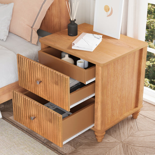 Fluted Nightstand with 3 Drawers, Mid Century Modern Wood Bedside Table
