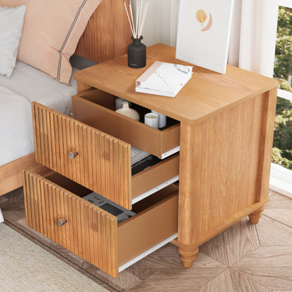 Fluted Nightstand with 3 Drawers, Mid Century Modern Wood Bedside Table