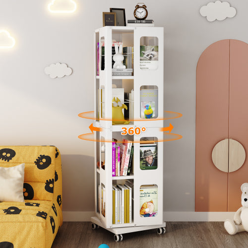 4-Tier Steel Rotating Bookshelf with Wheels White