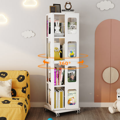 4-Tier Steel Rotating Bookshelf with Wheels White