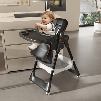 Black Foldable Baby High  Dining  Chair for 0-6 Years, 5 Height Adjustable, 5-Point Safety Belt, Lockable Wheels