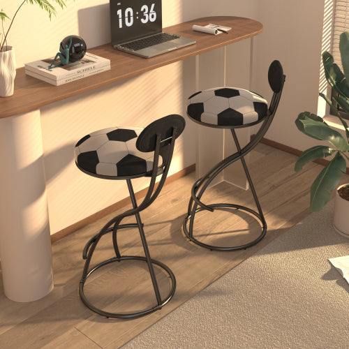 Upholstered S-shaped Barstools Set of 2 Velvet Counter Bar Stools Football Print Round Dining Stool for Kitchen & Living Room (Black Frame & Black Back)