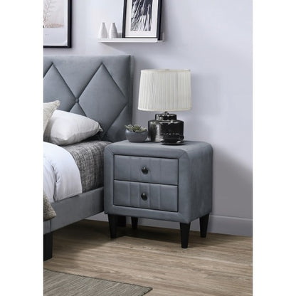 Grey Velvet 2-Drawer Nightstand with Tempered Legs