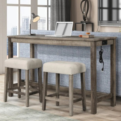 3-Piece Antique Oak Counter Height Dining Set, Solid Wood Table with Outlet & 2 Tufted Linen Stools