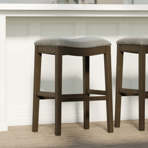 31in. Saddle Distressed Espresso Wood Bar-Height Barstool with Smoke Gray Fabric, 1PC