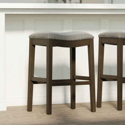 31in. Saddle Distressed Espresso Wood Bar-Height Barstool with Smoke Gray Fabric, 1PC