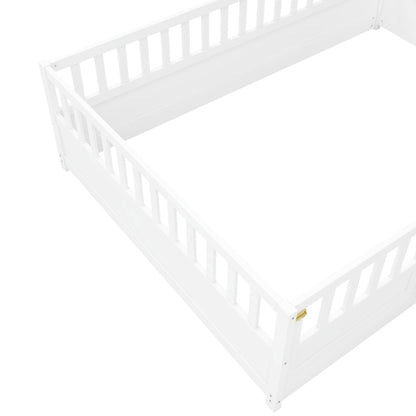 Full size  Floor bed, integral construction with super high security barrier, door, children's floor bed frame, Montessori wooden children's floor bed, white