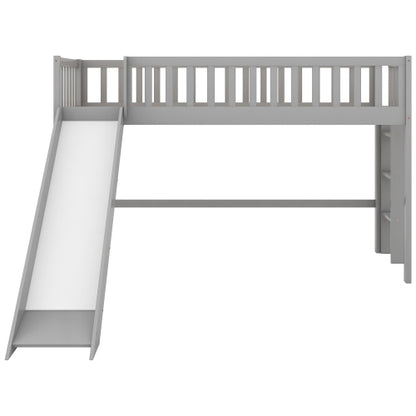 Twin Size Low Loft Bed with Ladder and Slide, Gray