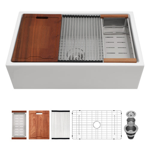 30 x 20 x 10 inch White Farmhouse Sink Workstation - Porcelain Ceramic Single Bowl Farm Kitchen Sink