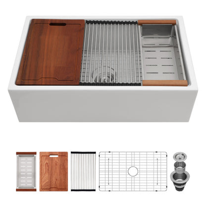 30 x 20 x 10 inch White Farmhouse Sink Workstation - Porcelain Ceramic Single Bowl Farm Kitchen Sink