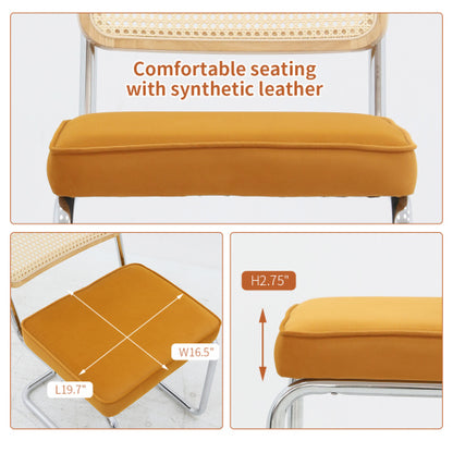 Set of 2 Orange Velvet Rattan Cantilever Dining Chairs, Chrome Tubular Steel Breuer Stackable Side Chairs