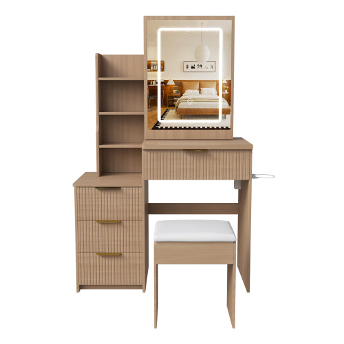 Modern LED Vanity Desk with 4 Drawers & Open Shelves, Built-In Outlet, Hair Dryer Holder & Dressing Chair, Black