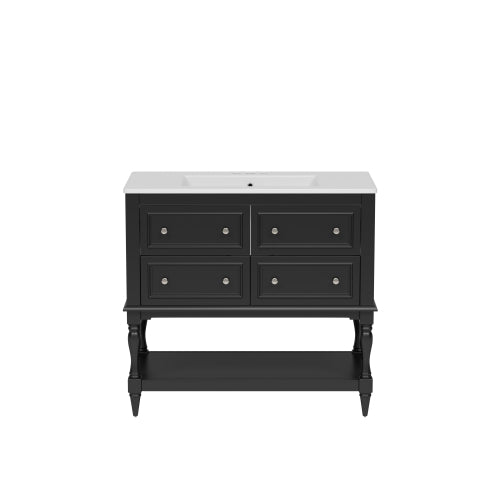 36" Bathroom Vanity Cabinet with Sink Combo Set, Undermount Ceramic Sink, Free Standing Vanity Set with 4 Drawers, Solid Wood Frame Bathroom Cabinet, Black