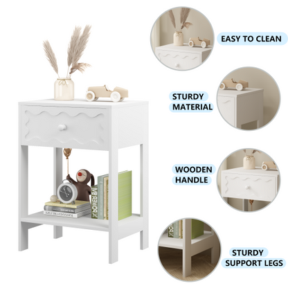 White Nightstand with Drawer and Open Shelf, Modern Wave Pattern Bedside Table, Solid Wood Frame End Table for Bedroom, Living Room, Small Spaces