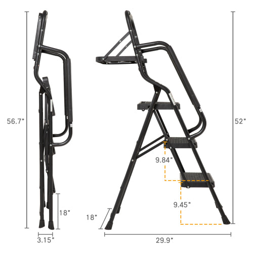 3 Step Folding Ladder with Handrails and Tool Tray 330 lb Capacity Steel Frame Step Stool