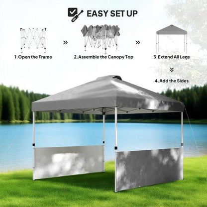 10x 10 ft party tent Pop Up Canopy Tent with 2 Half Sidewalls with Wheeled Carry Bag, Dark Gray