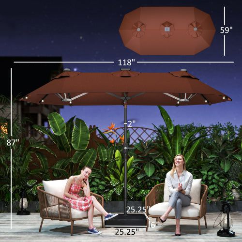 Spacious Outdoor Umbrella,Double-sided Outdoor Patio Umbrella,with Solar Lights and Base,Dining Table Umbrella Push Button Tilt