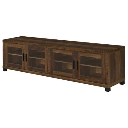 Dark Pine 79 Inch Farmhouse TV Stand with Tempered Glass Doors for TVs Up to 85 Inch
