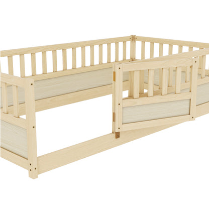 Twin Size Floor bed, integral construction with super high security barrier, door, children's floor bed frame, Montessori wooden children's floor bed,Natural Wood