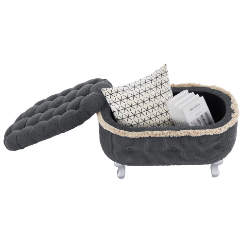 Grey Fringed Button Tufted Storage Ottoman Bench, 29.5 Inch End of Bed Shoe Stool for Bedroom Entryway