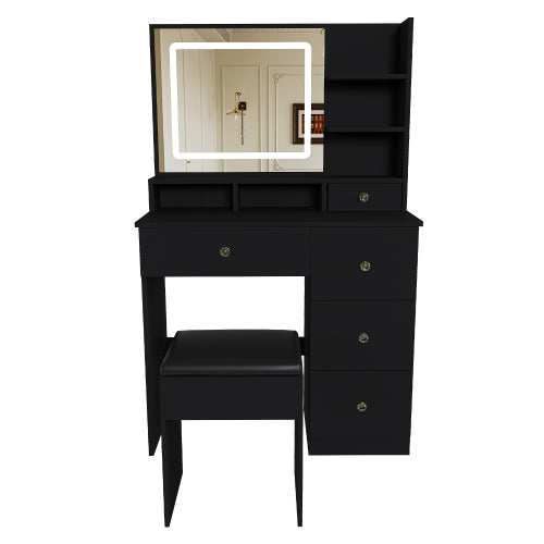 Fashion Vanity Desk w/ 3-Color Dimmable LED Mirror, 4 Silent Sliding Drawers, Open Shelf for Bedroom, Black