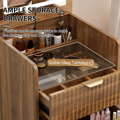 Walnut 3?in?1 Flip?Top Vanity Desk with Rolling Stool, LED Lights & Fluted Drawer