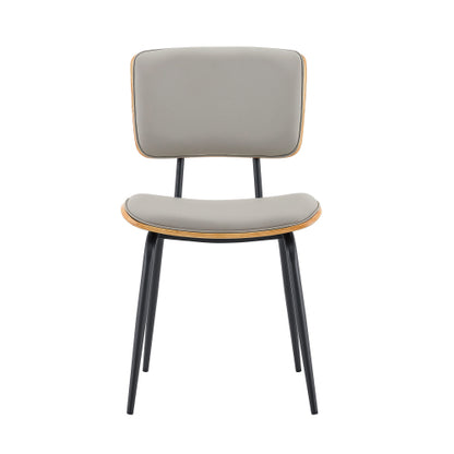 Mid-Century Faux Leather Dining Chairs Set of 2, Walnut Veneer Backrest & Metal Legs, Light Gray