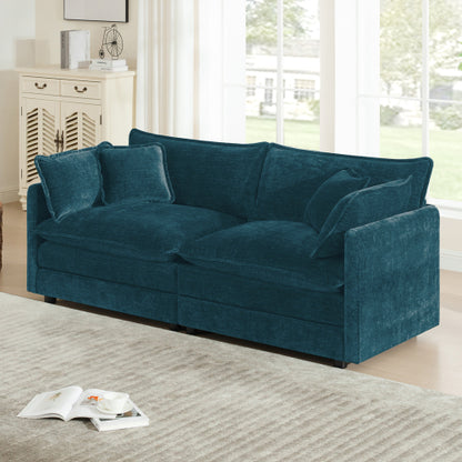 Blue Chenille Modern Deep-Seat Loveseat Sofa with 4 Throw Pillows