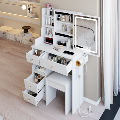29.2" Small Size Drawer Desktop Vanity Table + Cushioned Stool, 2 AC+2 USB Power Station, Hair dryer bracket, Extra Large Touch Control Sliding LED Mirror, 3-color Switching, EPA, GCC, UL Certificate