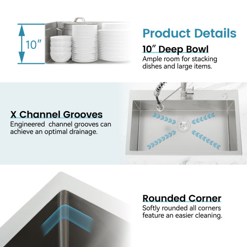 Stainless Steel Kitchen Sink, 23″x19″ Single Bowl, Overmount Handmade Sink in Dark Gray, with US Standard Drain and Hook