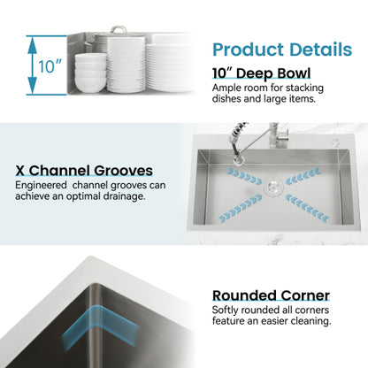 Stainless Steel Kitchen Sink, 23″x19″ Single Bowl, Overmount Handmade Sink in Dark Gray, with US Standard Drain and Hook