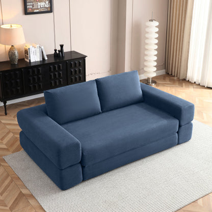 81 inch  Blue Corduroy 3-in-1 Boneless Convertible Floor Sofa-Bed with Pillows