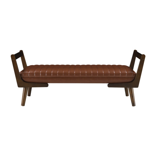 52 inch Cognac PU Mid-Century Bench Ottoman, Walnut Wood Leg Water-Resistant Footrest, 300 LBS for Bed End & Entryway