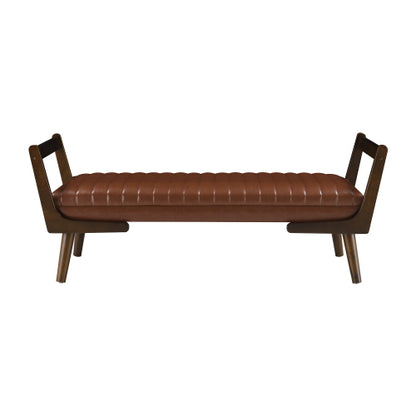 52 inch Cognac PU Mid-Century Bench Ottoman, Walnut Wood Leg Water-Resistant Footrest, 300 LBS for Bed End & Entryway