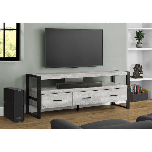 60 Inch Rustic Grey Industrial TV Stand with Black Metal Frame & 3 Metal Glide Drawers