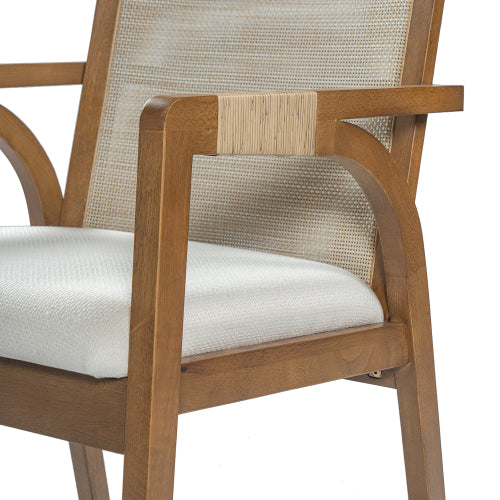 Set of 2 Walnut Rubber Wood Dining Arm Chairs, Textilene Back & PE Rattan Armrest