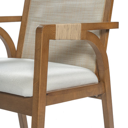 Set of 2 Walnut Rubber Wood Dining Arm Chairs, Textilene Back & PE Rattan Armrest