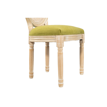 Set of 2 Green French Country Rattan Round Back Dining Chairs, Full Solid Wood Frame Disassemblable Side Chairs