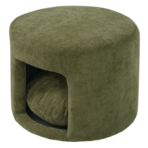 23.6 inch Round Green Pet Friendly Ottoman with Hidden Pet Nook, Acacia Wood Legs, 220 LBS Loading Capacity