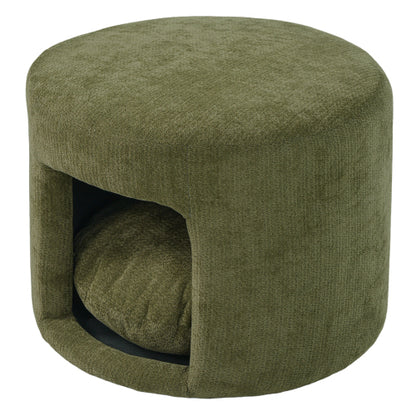 23.6 inch Round Green Pet Friendly Ottoman with Hidden Pet Nook, Acacia Wood Legs, 220 LBS Loading Capacity