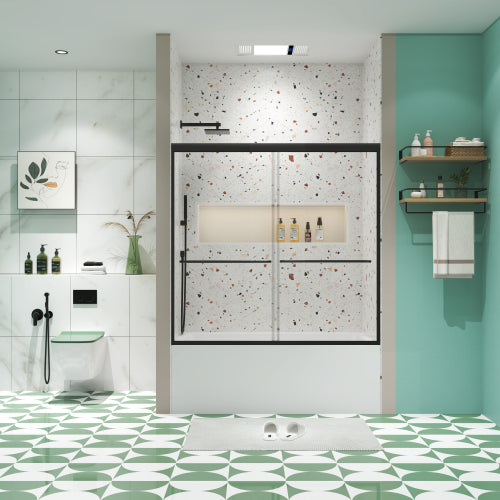 Bathtub Bypass shower door, sliding door, with 1/4" tempered glass and Matted black finish 56"-60"x58"