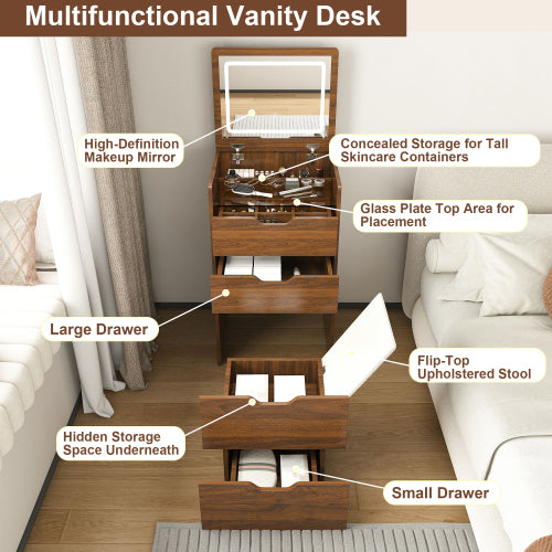 Walnut 3?in?1 Flip?Top Lighted Vanity Desk 18.9 inch L, Shatter?Proof HD Mirror, Storage Stool