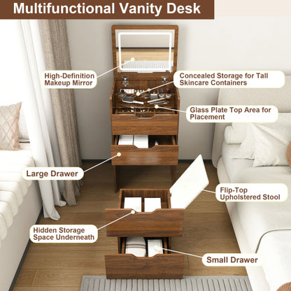 Walnut 3?in?1 Flip?Top Lighted Vanity Desk 18.9 inch L, Shatter?Proof HD Mirror, Storage Stool
