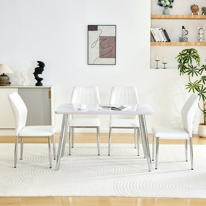 5-Piece Marble Glass Dining Set, Double-Layer Table & 4 White PU Shell Pattern Chairs