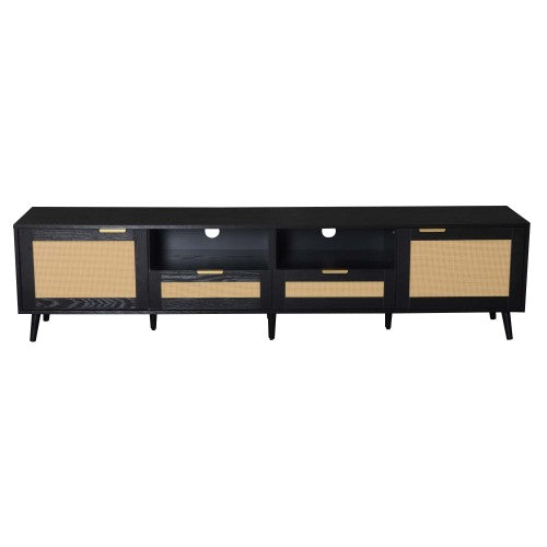 78.74 Inch Farmhouse Rattan TV Stand Solid Wood Leg Media Console Supports 85 Inch TV